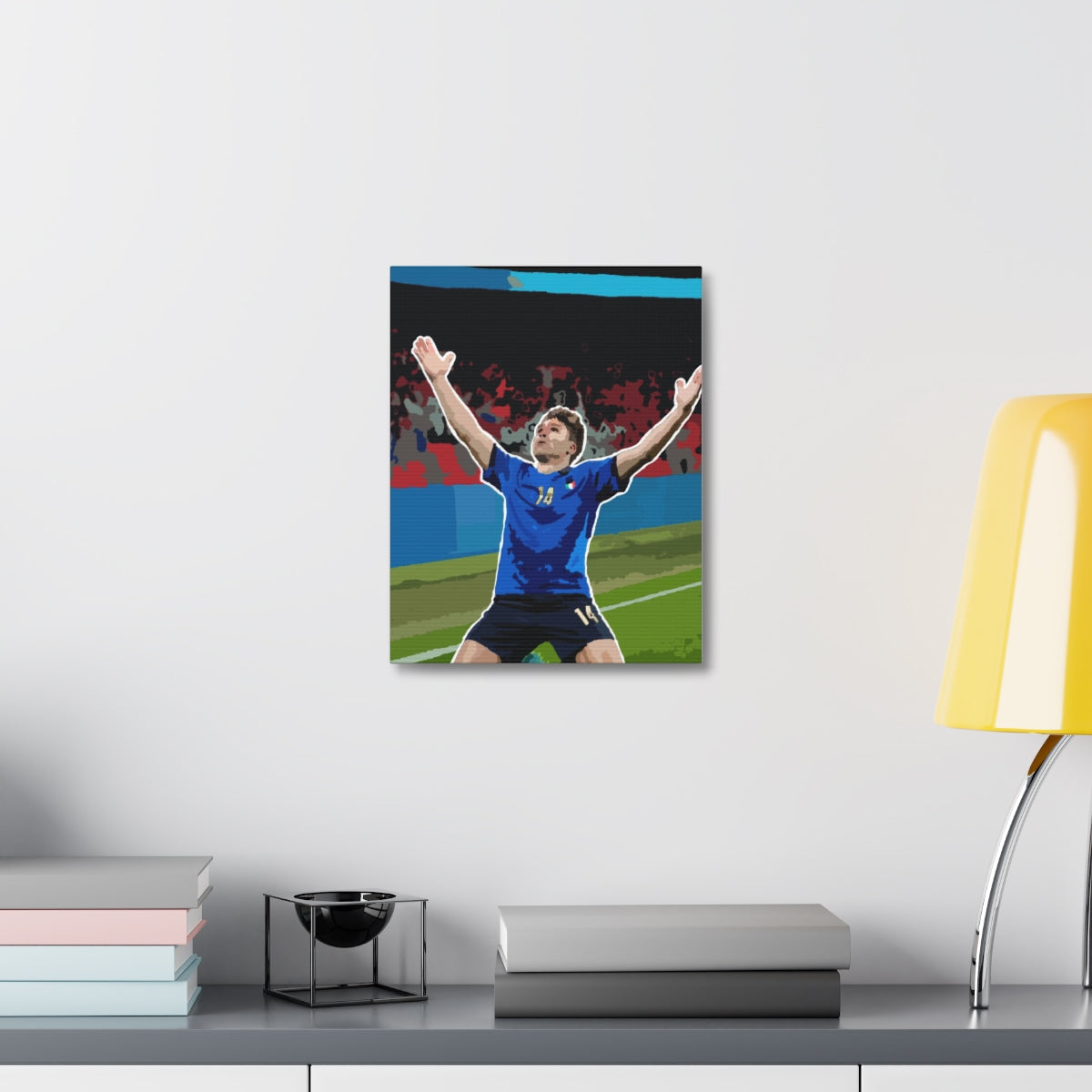 Contextual Front view of Federico Chiesa Italy celebrating Wembley stadium background satin canvas.