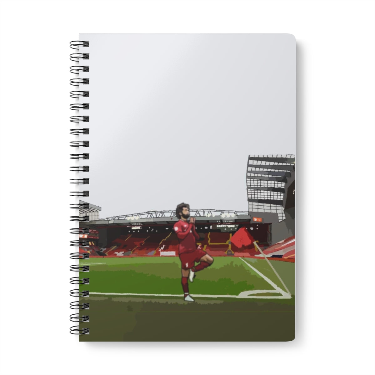 Front view of Liverpool Mohammed Salah in front of Anfield background on A5 spiral notepad.