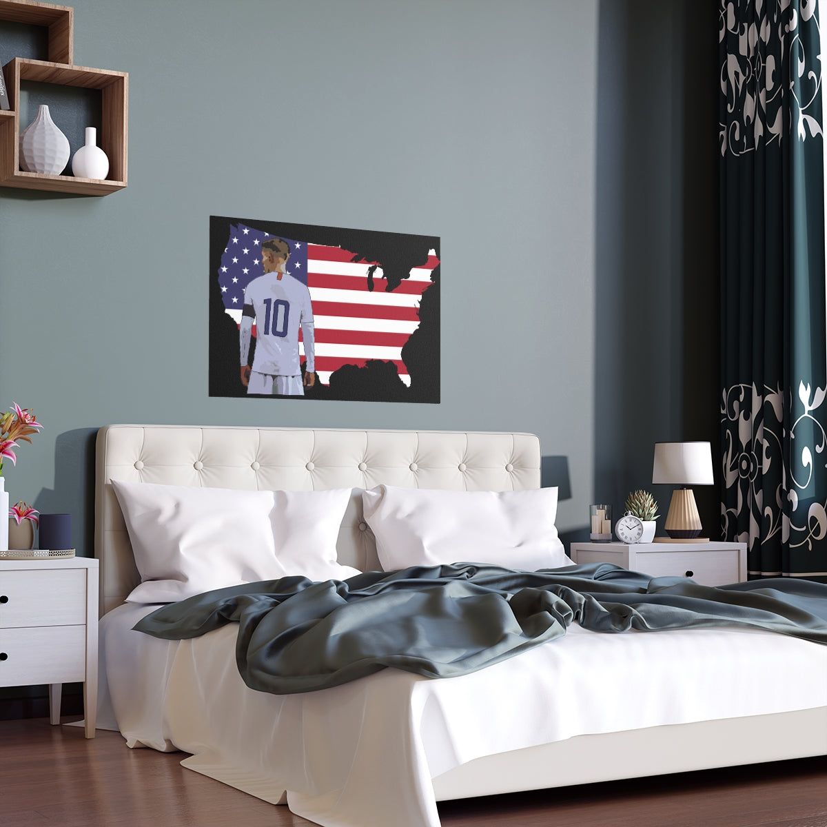 Contextual Front view of Christian Pulisic in USMNT kit in front of USA themed background of flag inside country outline poster hanging above bed.