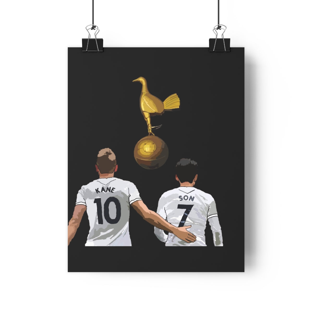 Front view of Harry Kane and Heung-Min Son with a gold cockrel on a black background hanging poster.