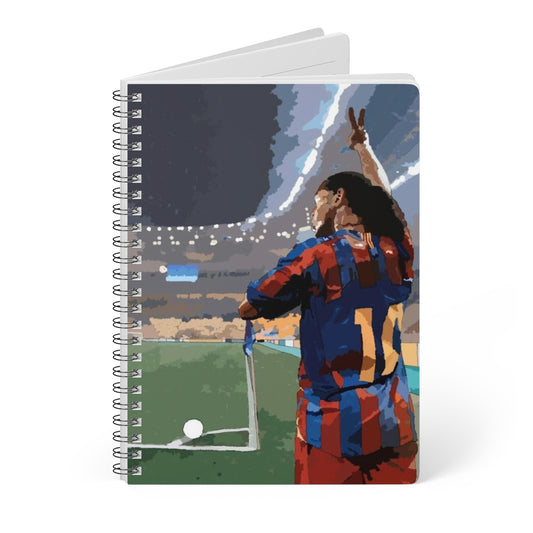 Front view of Barcelona Ronaldinho taking a corner kick in front of a stadium background with pitch A5 spiral notepad.