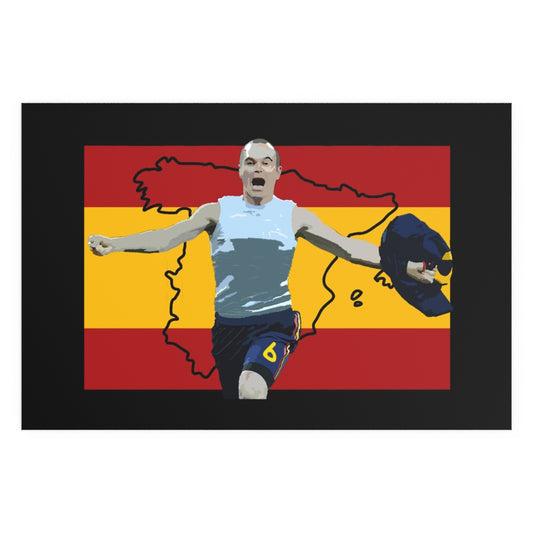 Front view of Iniesta Spain celebrating with Spain flag and Spain country outline background black poster.