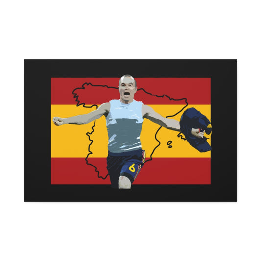 Front view of Iniesta Spain celebrating with Spain flag and Spain country outline background black canvas.