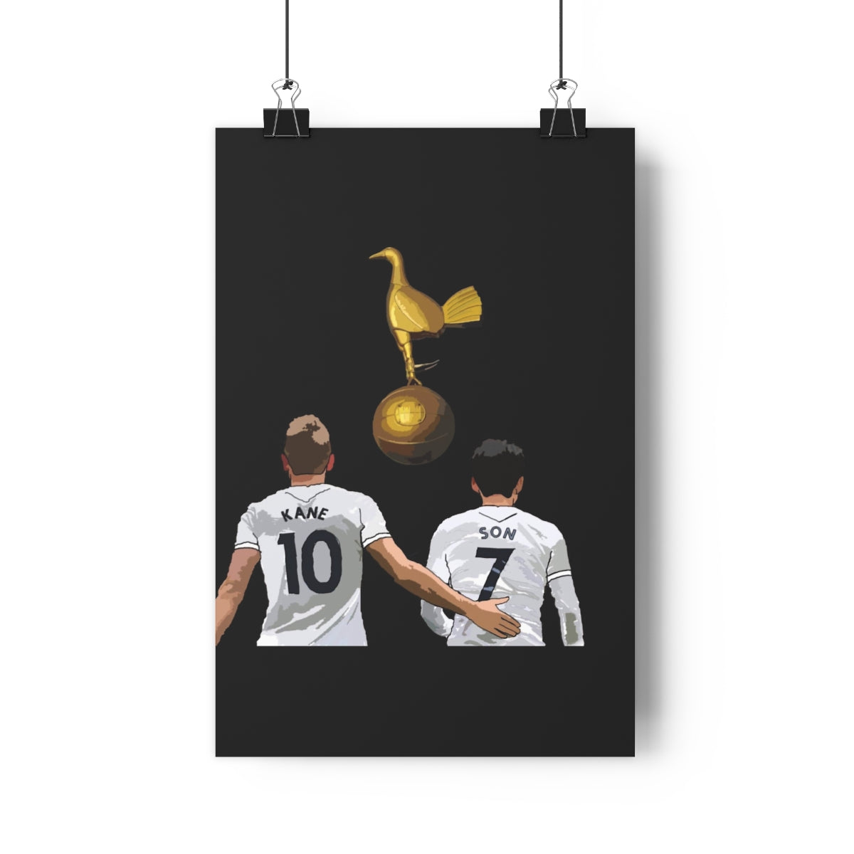 Front view of Harry Kane and Heung-Min Son with a gold cockrel on a black background hanging poster.