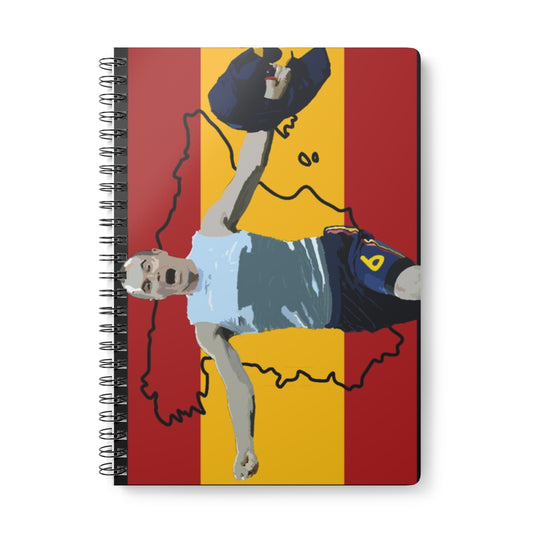 Front view of Iniesta Spain celebrating with Spain flag and Spain country outline background A5 spiral notepad.