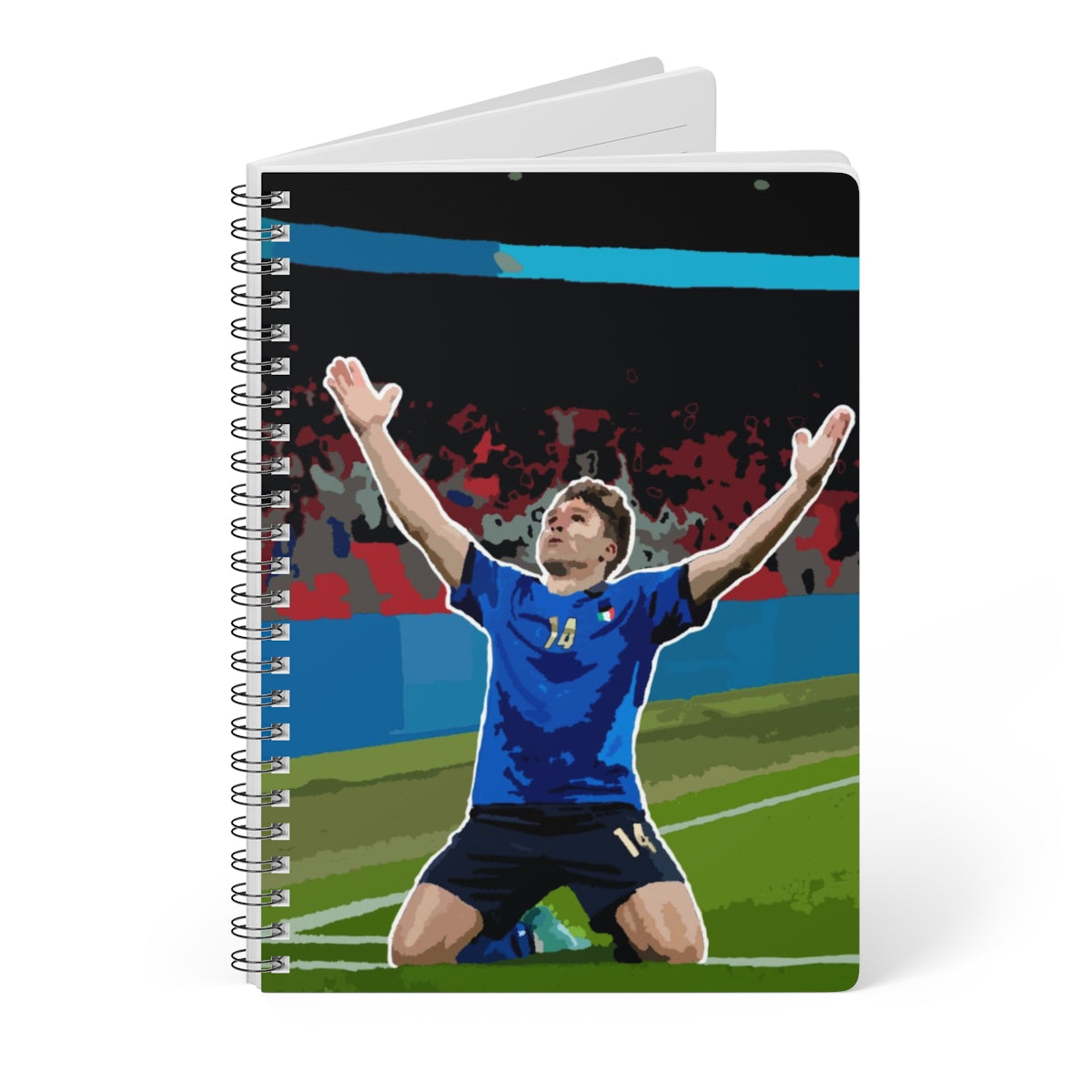 Front view of Federico Chiesa Italy celebrating Wembley stadium background A5 spiral notepad.