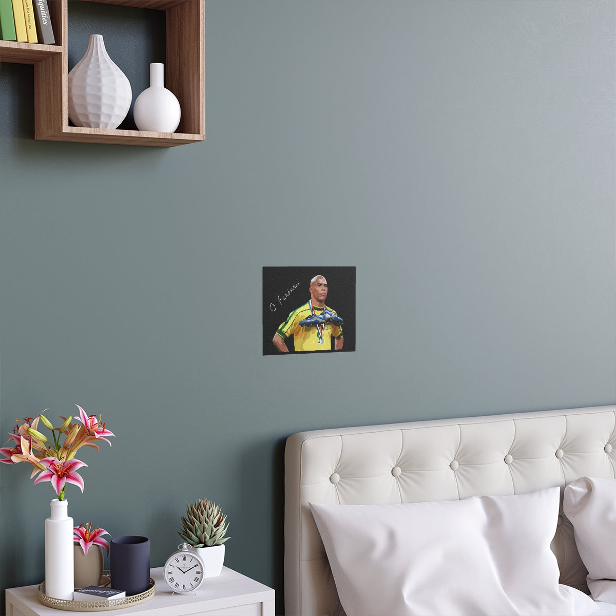 Contextual Front view of Brazilian Ronaldo with text the phenomenon on a black background black poster hanging above a double bed.