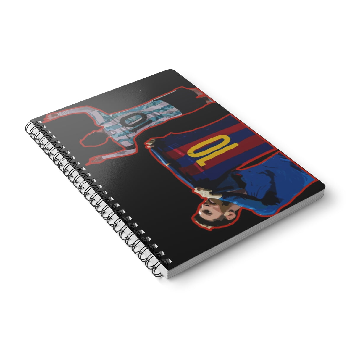 Front view of Barcelona and Argentina Lionel Messi iconic celebrations against black background A5 spiral notepad.