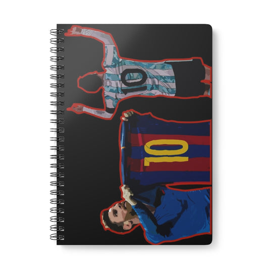 Front view of Barcelona and Argentina Lionel Messi iconic celebrations against black background A5 spiral notepad.