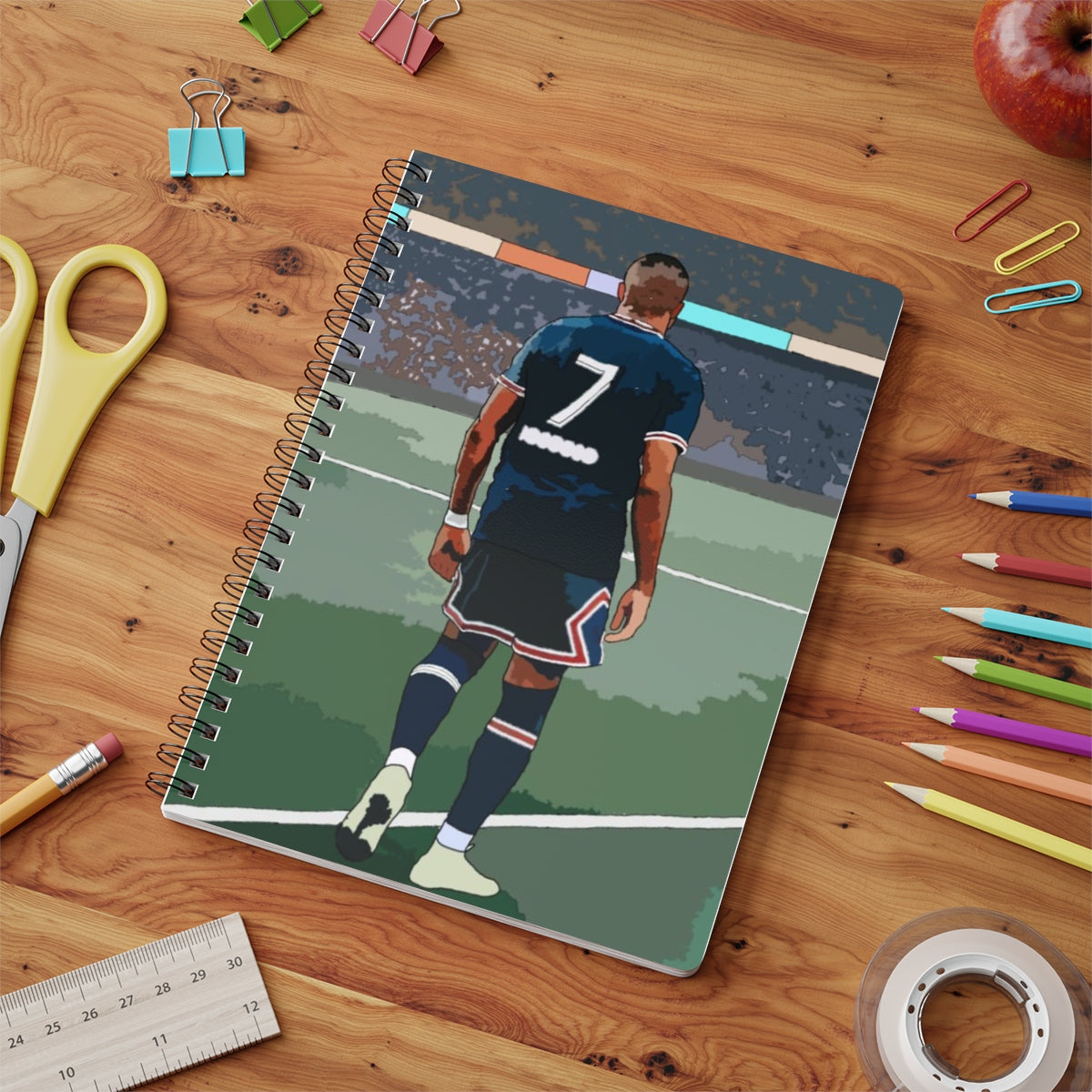 Contextual Front view of PSG Mbappe on football pitch A5 spiral notepad.