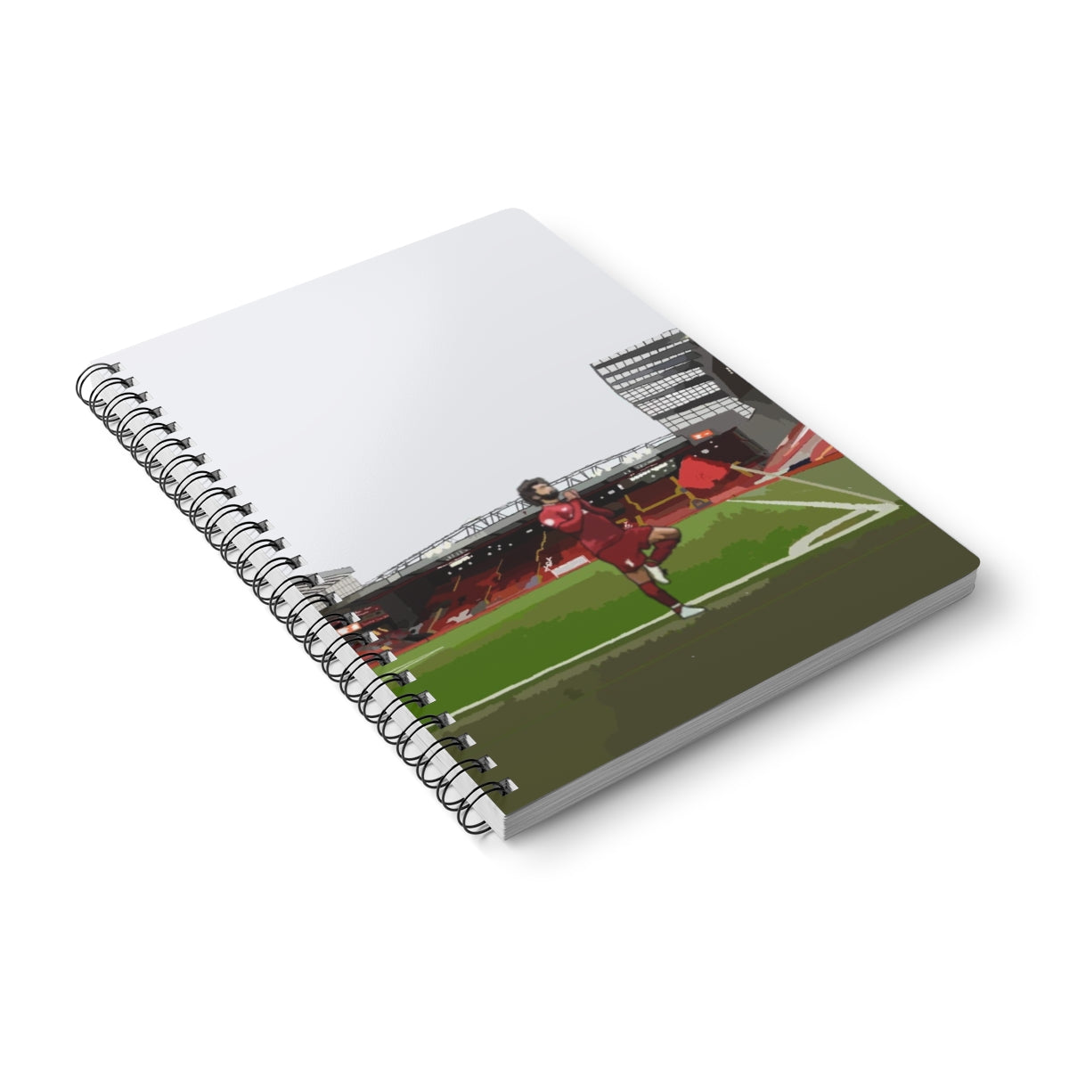 Front view of Liverpool Mohammed Salah in front of Anfield background on A5 spiral notepad.