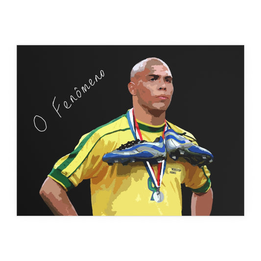 Front view of Brazilian Ronaldo with text the phenomenon on a black background black poster.