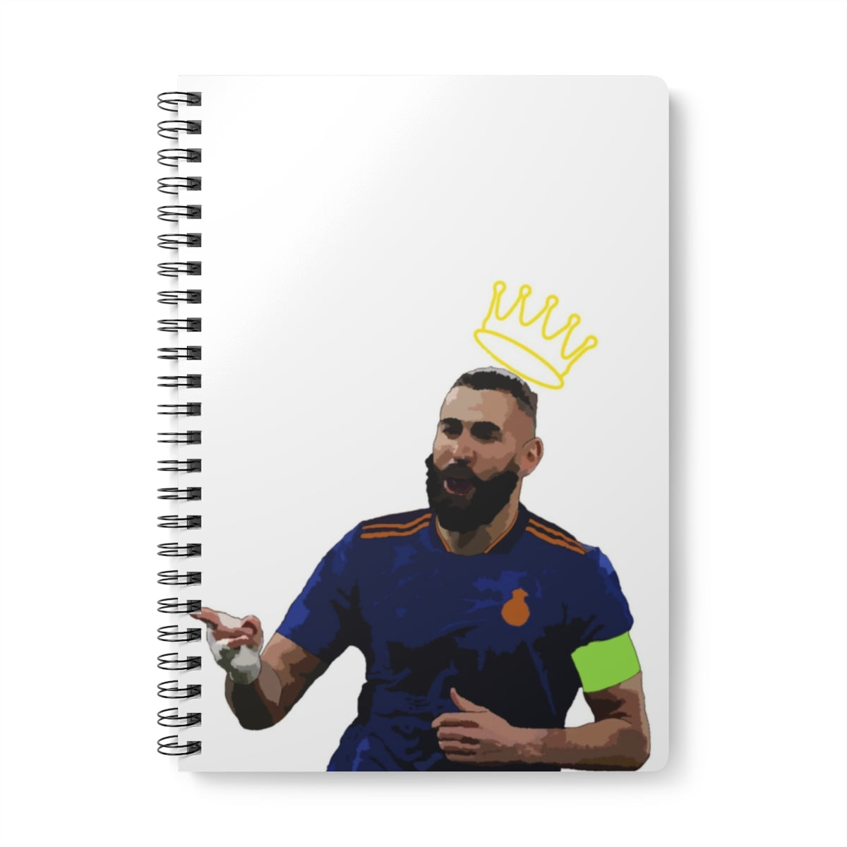 Front view of Karim Benzema Madrid with crown a top his head against white background A5 spiral notepad.